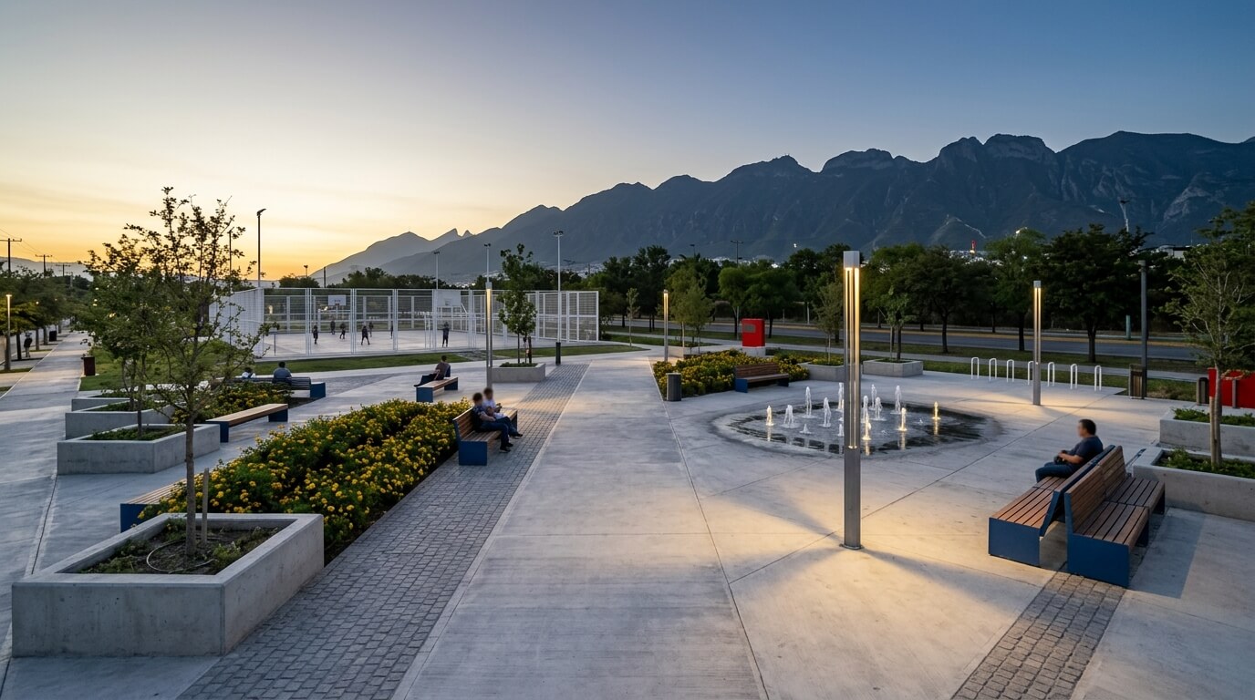 Espacio público de Monterrey al atardecer